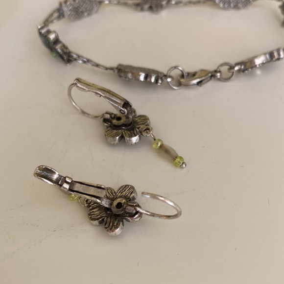 Handmade Silver Bracelet & Earrings Green & Opalescent oval round Gemstones Set - Picture 12 of 13